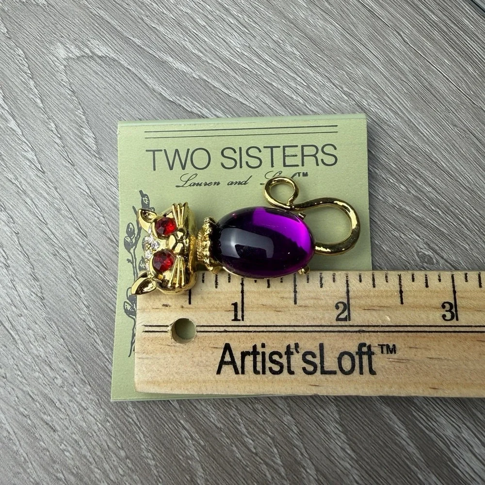 Vintage Two Sisters Glitter Critters Purple Cat Brooch Gold Tone Red Eyes New